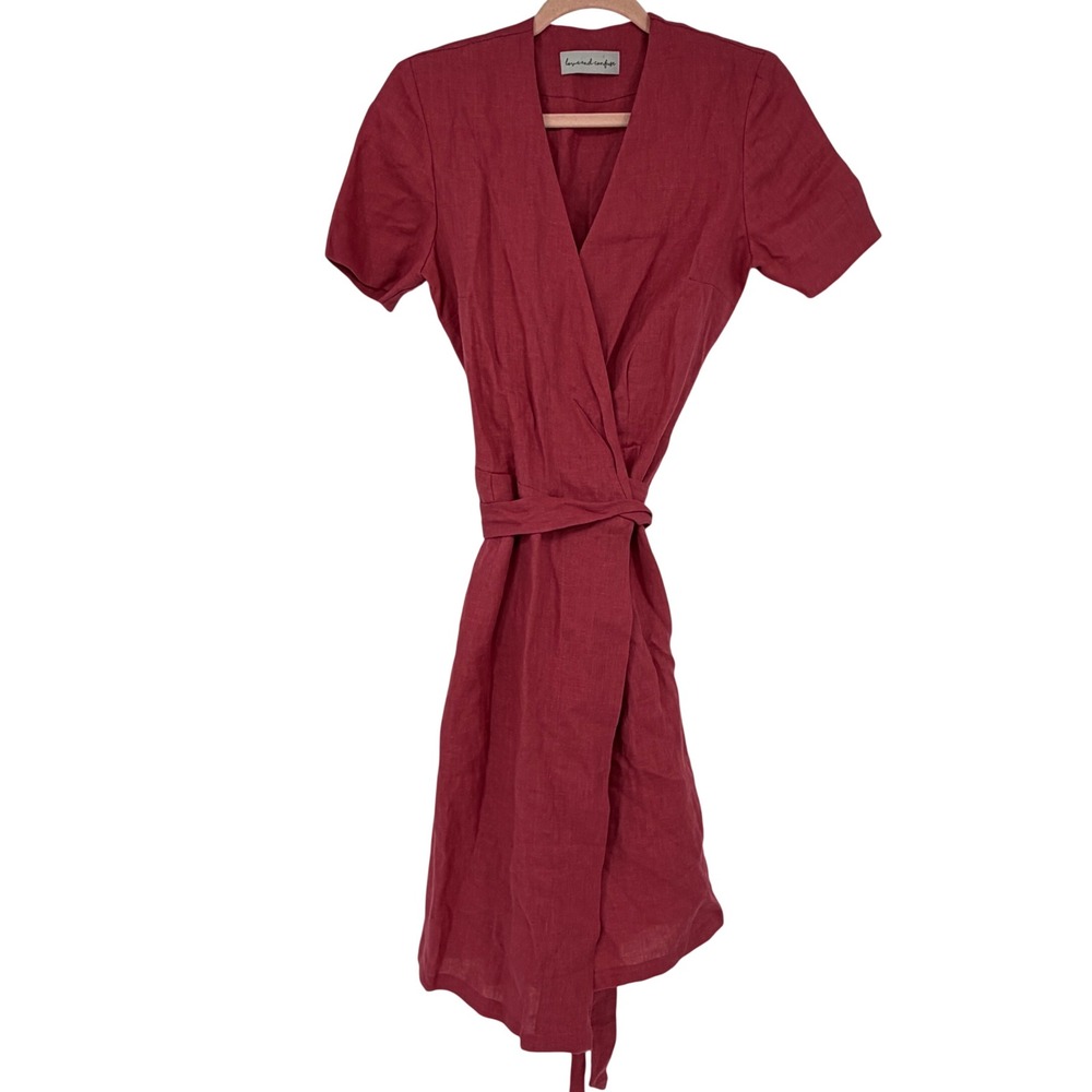 Love and Confuse Rust Red 100% Linen Short Sleeve Wrap Dress Size S Lithuania